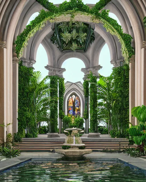 Image similar to cathedral interior with koi pond in the middle surrounded by palm trees, ivy, flowers, tropical plants, roses, and with archways. rendered in octane render with photorealistic lighting