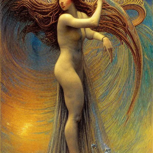 Prompt: a painting of alien goddess by gustav moreau, jean delville and  Gaston Bussiere