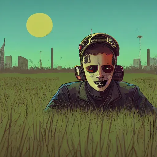 Image similar to in the style of max prentis and deathburger and laurie greasley a young explorer wearing a cyberpunk headpiece sitting in a meadow, sunset, highly detailed, 8 k wallpaper