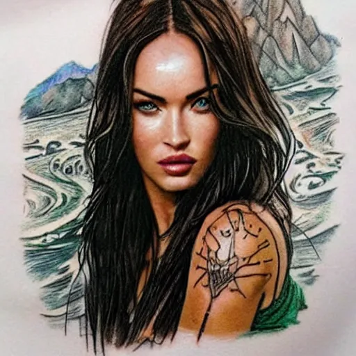 Image similar to realism tattoo sketch of double exposure megan fox with beautiful mountain scenery, in the style of andrey lukovnikov