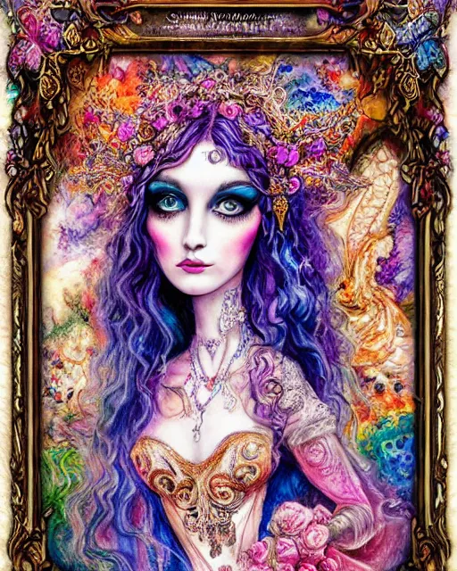 Image similar to josephine wall water colored pencils baroque bedazzled gothic royalty frames surrounding a pixelsort highly detailed portrait of a detailed pencil portrait with watercolor of a beautiful monster high doll, by sabrina eras, alice x. zhang, agnes cecile, blanca alvarez