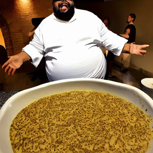 Image similar to fat man scoop dancing in a bowl of cacio pepe