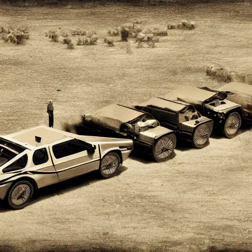 Prompt: a birdseye sepia photograph of a delorean in a line with covered wagons and cattle