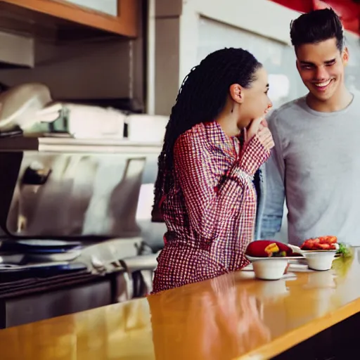 Prompt: a young couple standing on top of the counter at a diner