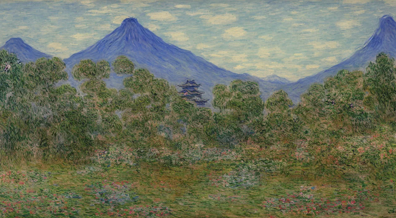 Image similar to a painting of a Japanese castle, with a garden as foreground, with mountains as background, by Claude Monet