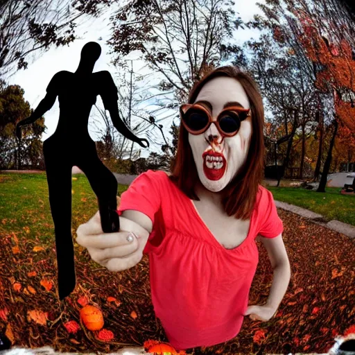 Prompt: a selfie of a woman getting photobombed, fisheye lens photography, with a spooky filter applied, with a figure in the background, in a halloween style.