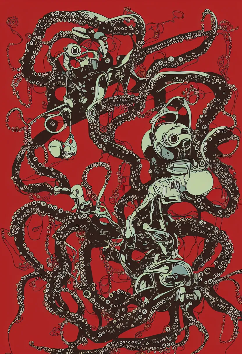 Image similar to concert poster for 'Grandpa Finger', dying robot octopus, vector art, 8k, highly detailed illustration