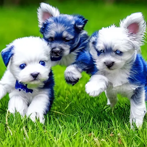 Prompt: blue puppies with wings playing in the grass