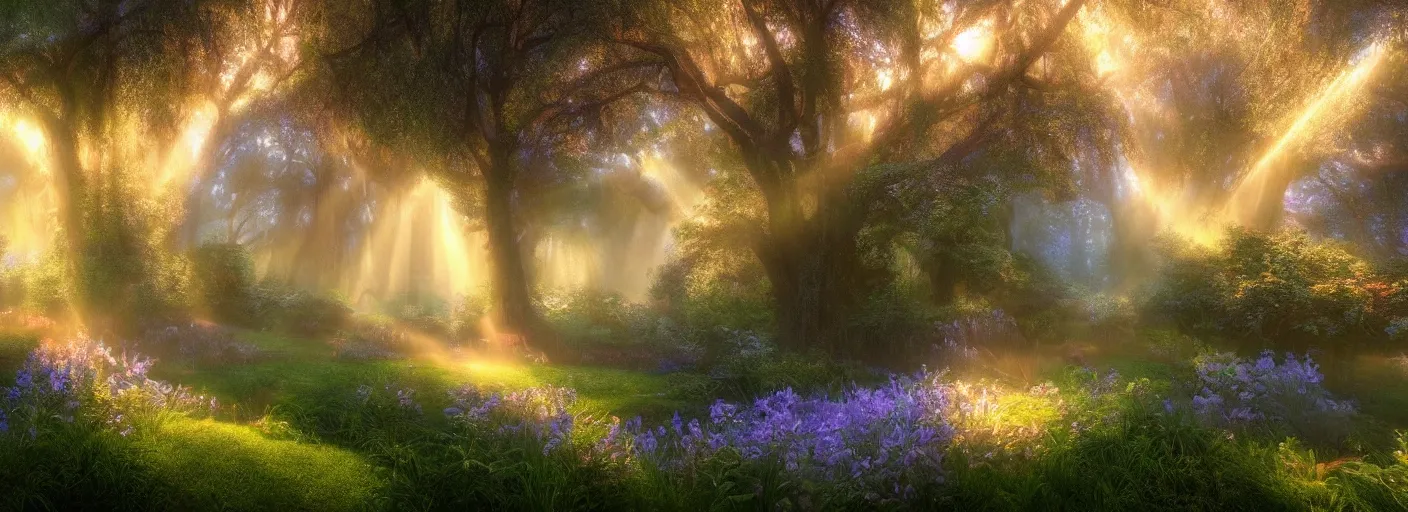 Image similar to photograph of enchanted garden, mist with rays of light by marc adamus, highly detailed, intricate detail, cinematic lighting