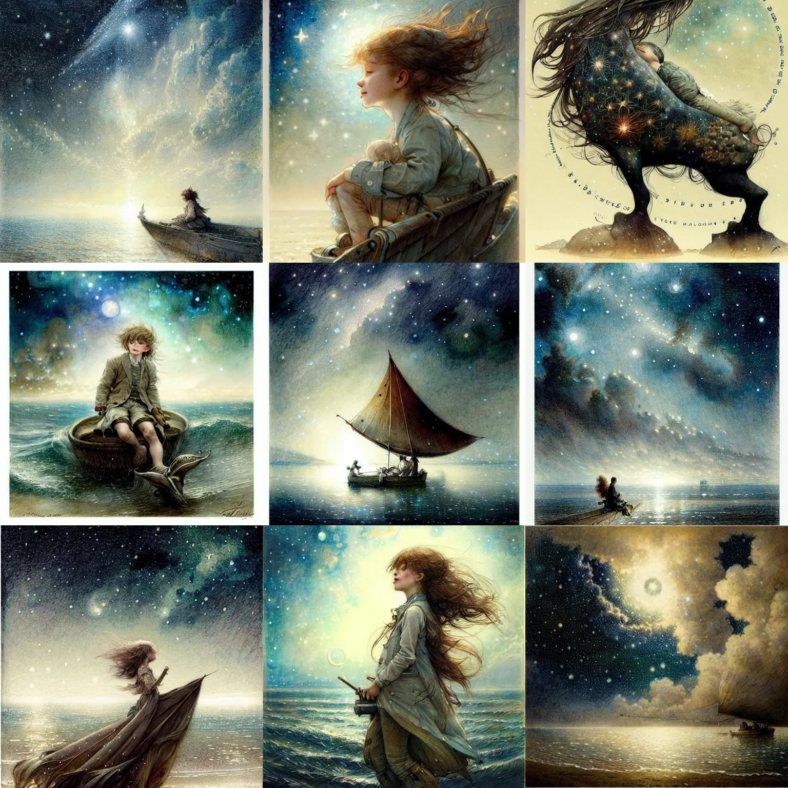 Prompt: ( ( ( ( ( beautiful starry sky and sea. ) ) ) ) ) drawing by jean - baptiste monge!!!!!!!!!!!!!!!!!!!!!!!!!!!, overdetailed art, cd jacket