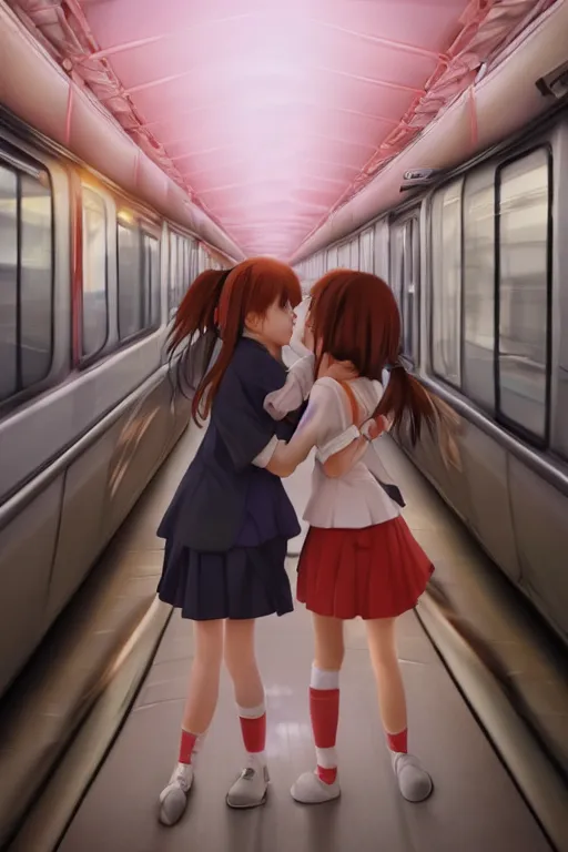 Prompt: Ultra realistic 3d illustration, two cute 3d anime schoolgirls hugging each other on huge japanese subway at dark infrared sunset. fantasy, elegant, dramatic light, trending on artstation, smooth, sharp focus, illustration, art by hiro kiyohara and hayao miyazaki oil painting