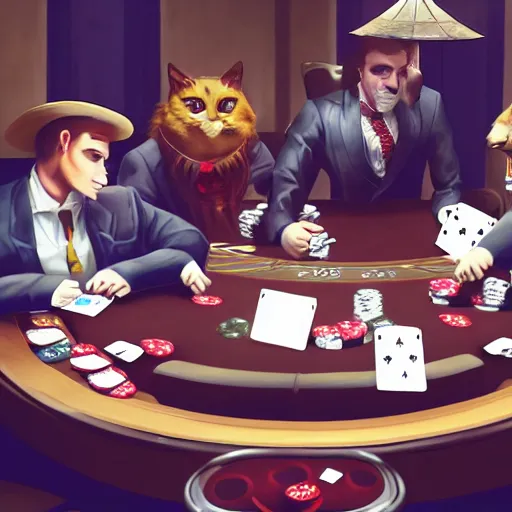 Image similar to cybord cat mafia playing poker in a casino, 4k