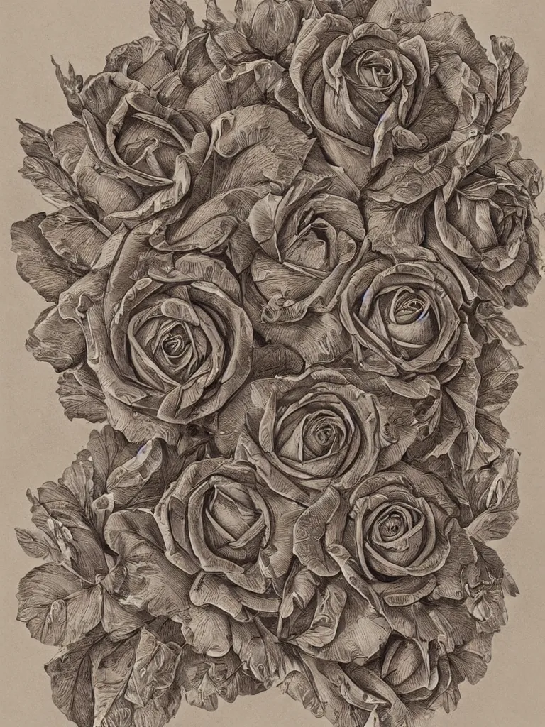 Prompt: beautiful decorative classical ornamental emblem, fibonacci rhythms, roses, rose petals, leaves, stems, highly detailed etching, rendered in octane