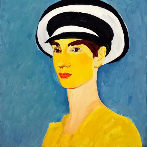 Image similar to a painting of a woman wearing a yellow hat, a gouache by alex katz, behance contest winner, precisionism, studio portrait, oil on canvas, fauvism