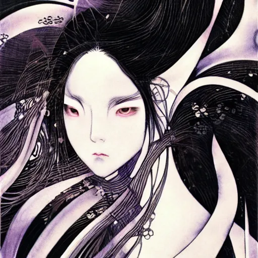 Image similar to yoshitaka amano blurred and dreamy realistic illustration of a japanese woman with black eyes, wavy white hair fluttering in the wind wearing elden ring armor with engraving, abstract patterns in the background, satoshi kon anime, noisy film grain effect, highly detailed, renaissance oil painting, weird portrait angle, blurred lost edges, three quarter view