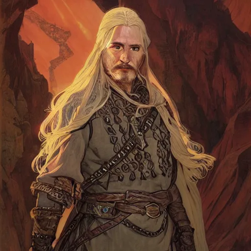 Prompt: Kethlan the elven desert bandit. Epic portrait by james gurney and Alfonso mucha (lotr, witcher 3, dnd).