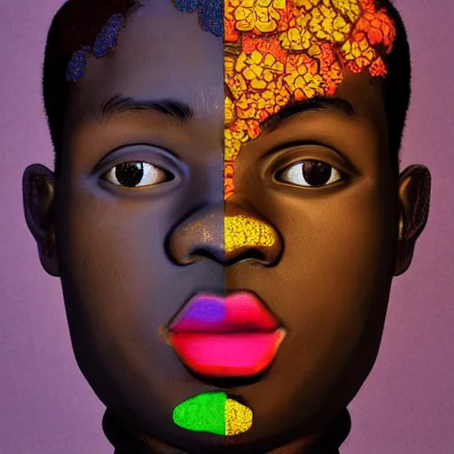 Image similar to colourful cupper half - portrait - art of a nigerian boy in claymation style, art by utagawa kunisada & james jean, symmetrical, intricate detail, concept art, volumetric light, global illumination, ray tracing, claymation, sharp, pinterest, behance, art station,