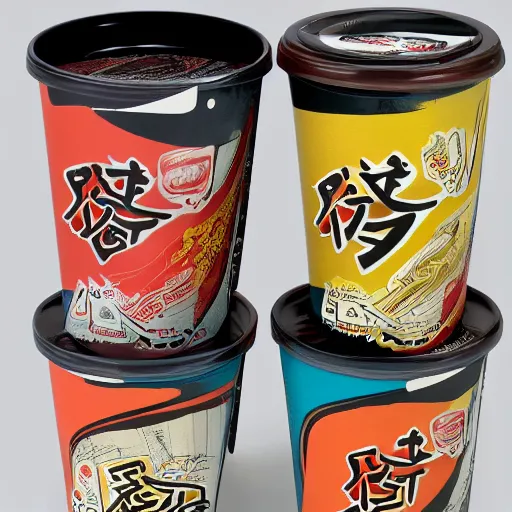 Image similar to cup ramen, packaging designed by robert rauschenberg