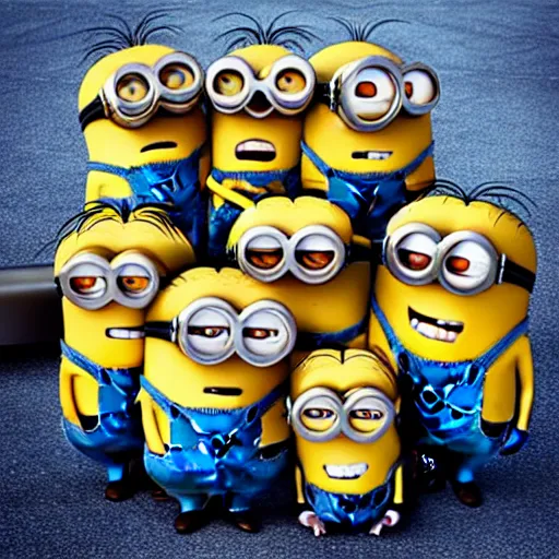 Image similar to “The minions from Despicable me crowding around jesus, 4K, sunny day, wide angle, highly detailed”