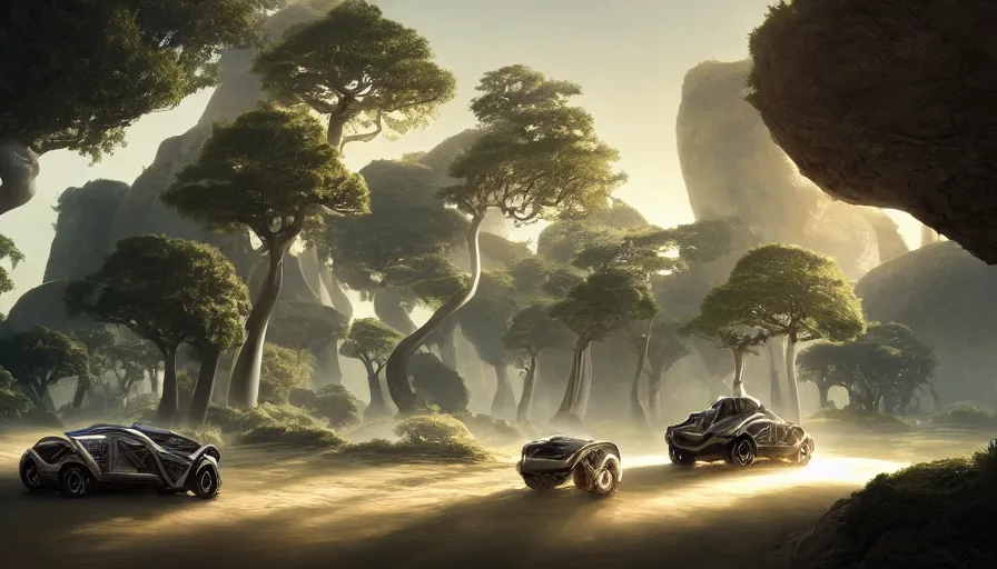 Image similar to a futuristic suv designed by pininfarina driving through madagascar with baobabs trees, artgerm and greg rutkowski and alphonse mucha, an epic fantasy, volumetric light, detailed, establishing shot, an epic fantasy, trending on art station, octane render, midsommar