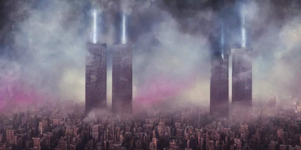 Prompt: psychedelic 9 / 1 1 twin towers, surreal and vibrant plumes of smoke and ash, intricate, high detail, digital painting, ultra realistic, cinematic lighting, wide angle cinematography, artstation, 3 5 mm film grain