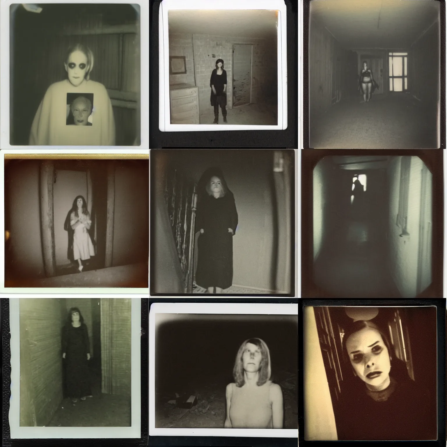 Prompt: a polaroid photo of a creepy woman in a basement