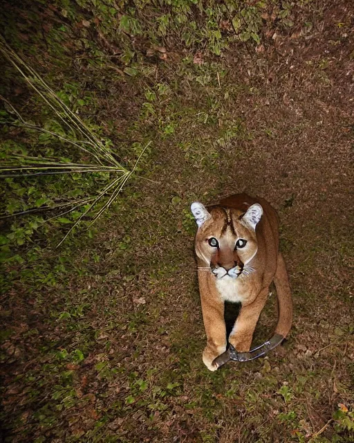 Prompt: cougar in forest at night, night vision goggles, shot from drone, grainy