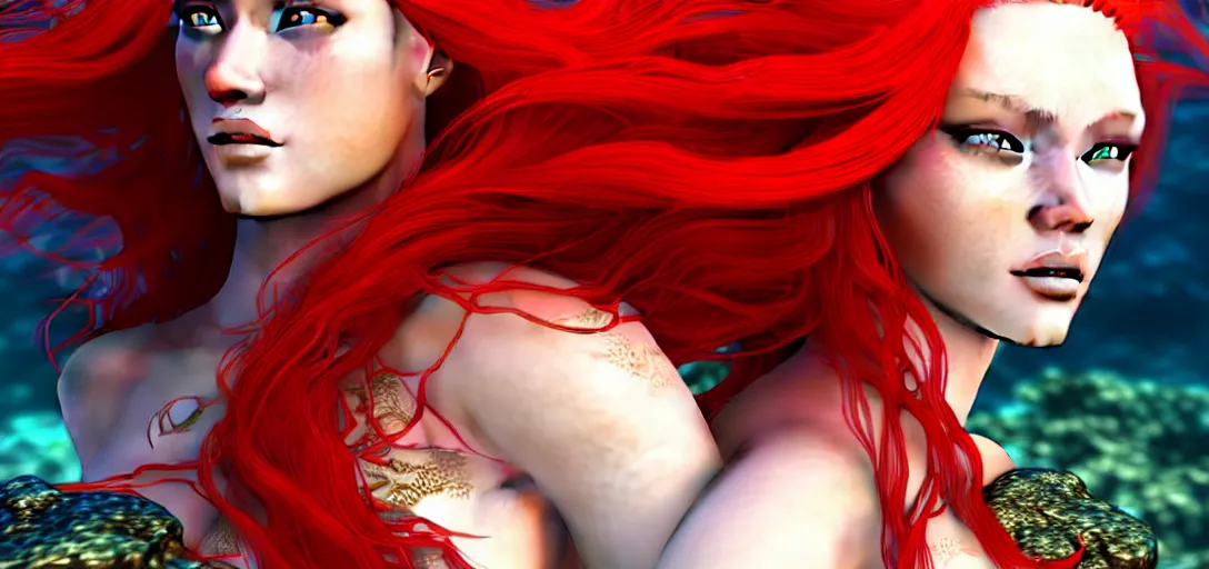 Prompt: close portrait photo of a gorgeous female mermaid with long red hair wearing metal armor in the style of stefan kostic, realistic, half body shot, sharp focus, 8 k high definition, insanely detailed, intricate, elegant, art by stanley lau and artgerm, extreme blur coral reef background