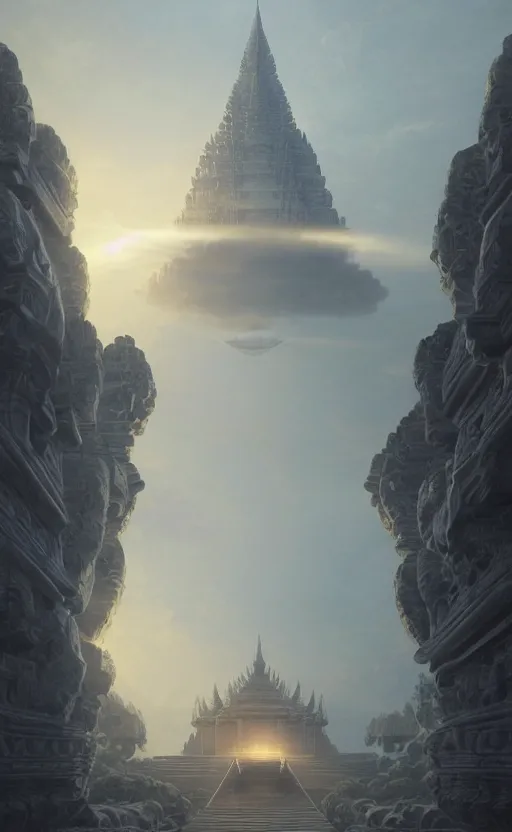 Prompt: khmer temple with a ufo in the sky, soft grey and blue natural light, crepuscular rays, intricate, digital painting, artstation, concept art, smooth, sharp focus, illustration, art by greg rutkowski and luis rollo and uang guangjian and gil elvgren, symmetry!