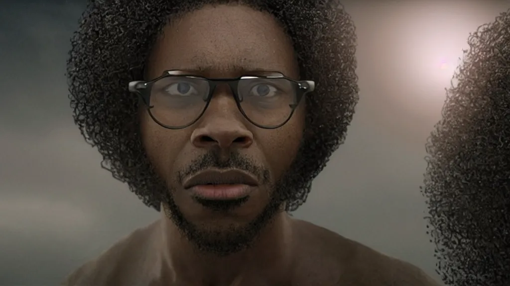 Prompt: a black man with long curly hair wearing glasses, walking out of a black hole, extreme detailed face, film still from the movie directed by Denis Villeneuve with art direction by Zdzisław Beksiński, wide lens