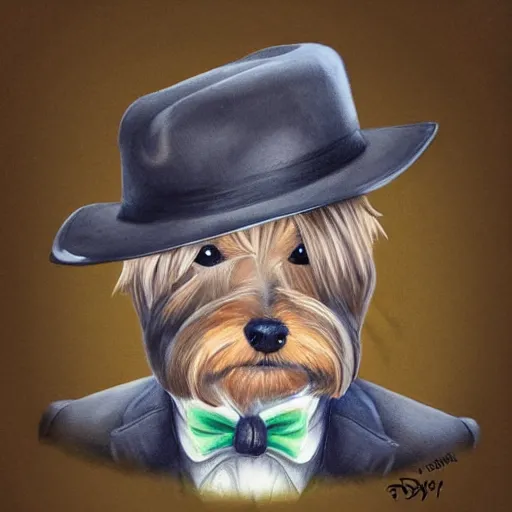 Image similar to detective yorkshire terrier wearing a fedora, disney eyes, in a dark alley, by D&D Concept Artists