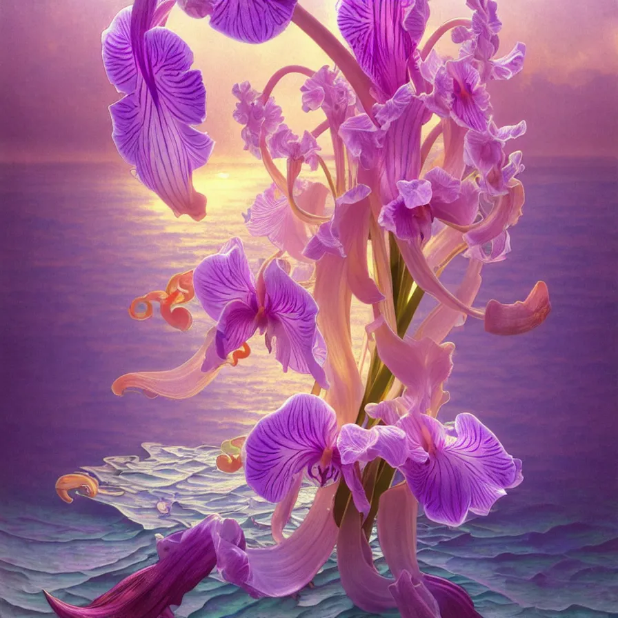 Prompt: detailed giant pastel holographic orchid iris hybrid flower surrounded by ocean waves, lsd water, lsd ripples, droplets, backlit, sunset, refracted lighting, art by collier, albert aublet, krenz cushart, artem demura, alphonse mucha