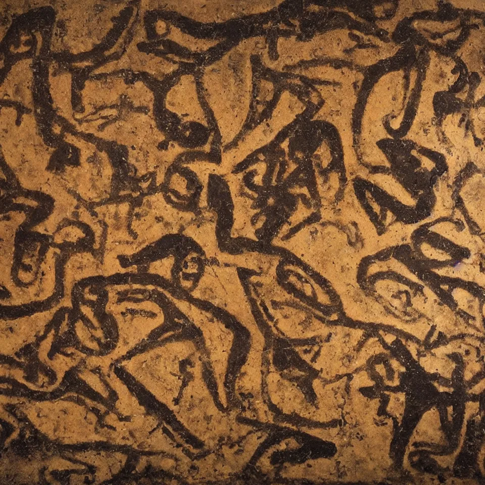 Image similar to a cave painting of an akai mpc 6 0, drum pads, maschine. lascaux cave paintings, chauvet