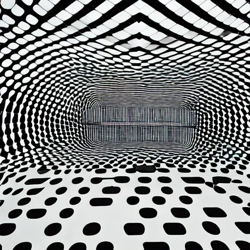 Image similar to a photograph of a shopping mall designed by Victor Vasarely