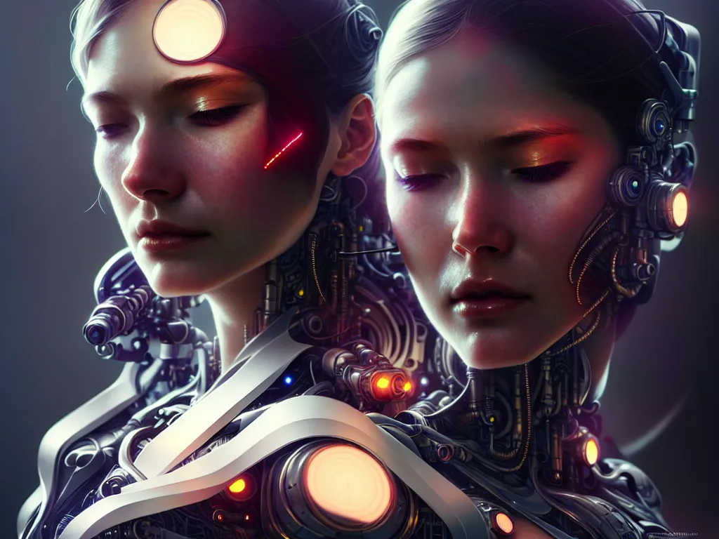 Image similar to ultra realistic beautiful cyborg woman eyes closed, sci-fi, cyberpunk, intricate details, elegant, highly detailed, photorealistic, digital painting, octane render, concept art, eerie, 8k, art by artgerm and greg rutkowski and alphonse mucha