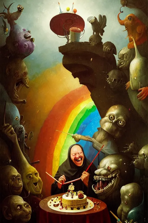 Image similar to hieronymus bosch, greg rutkowski, anna podedworna, painting of a happy rainbow jester with a birthday cake, smiling, uplifting