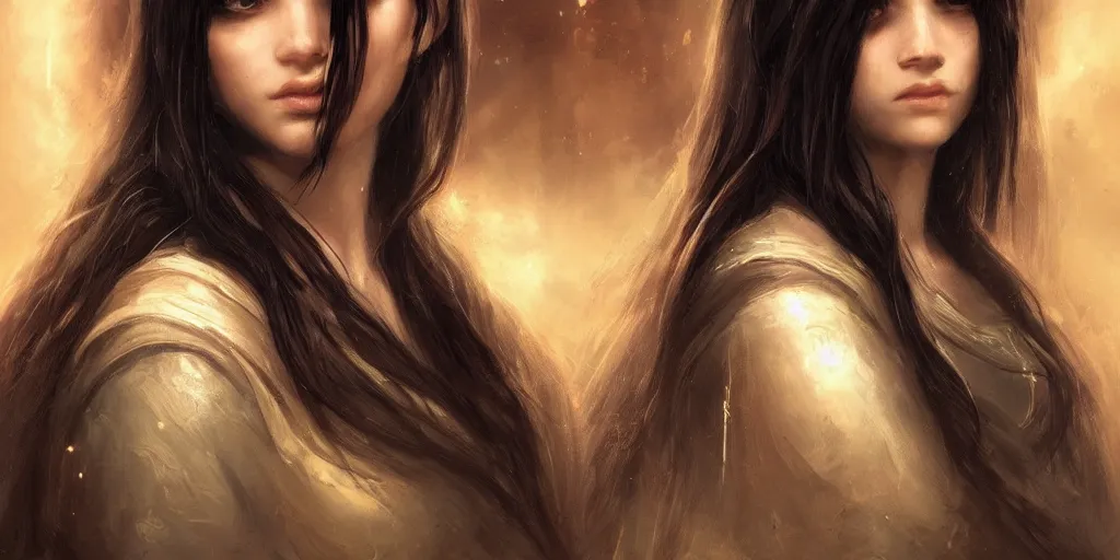 Prompt: a young beautiful oracle with long black hair weavering golden string of magic, barroque painting, ultra realistic. cinematic, dynamic. magic the gathering style. epic fantasy, insanely detailed, 4k, symmetrical face, rpg character reference. gourgeous.