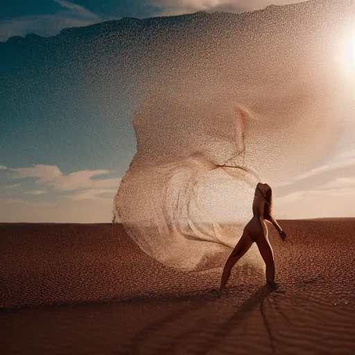 Image similar to filmstill photography of female body covered with curly white translucent blanket blowing in wind, acrylic liquid colors, luxurious supermodel photoshooting, golden jewelry, bokeh, godrays, strong wind, wrinkles, sunrays, sunset, lens flares, cold colors, sand dunes