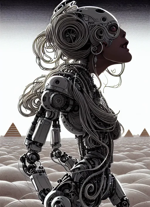 Image similar to highly detailed portrait of a robotic cyborg long curly white hair nomadic tribal lady, stray wiring by atey ghailan, james gilleard, by joe fenton, by greg rutkowski, by greg tocchini, by kaethe butcher, 4 k resolution, gradient yellow, black and white color scheme!!! ( ( robotic sandstorm robotic pyramid landscape background ) )