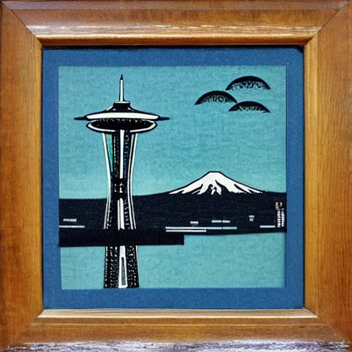 Image similar to The Seattle Space Needle, Japanese woodblock