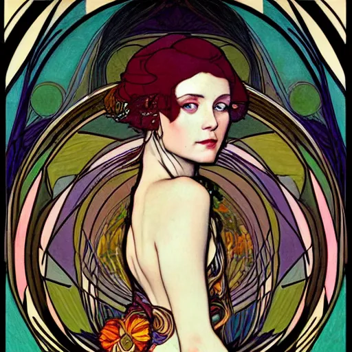 Image similar to The Goddess of Art, beautiful eyes, symmetrical face, paint, ink, palettes, spectrum, in the style of Joshua Middleton, Mucha, Kandinsky