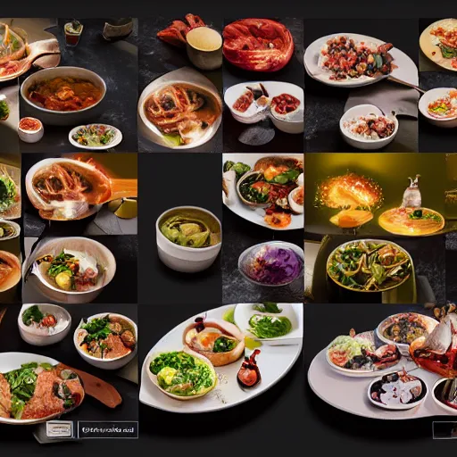 Image similar to A table-spread of amazing food hot and fresh, huggy wuggy from poppy playtime video game, fullbody, ultra high detailed, oil painting, Greg Rutkowski, Charlie Bowater, Yuumei, Yanjun Cheng, unreal 5, DAZ, hyperrealistic, octane render, RPG portrait, dynamic lighting, fantasy art, beautiful face