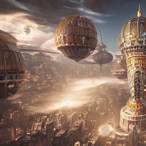 Image similar to enormous flying city in a faberge egg, sky, steampunk, fantasy art, unreal engine,