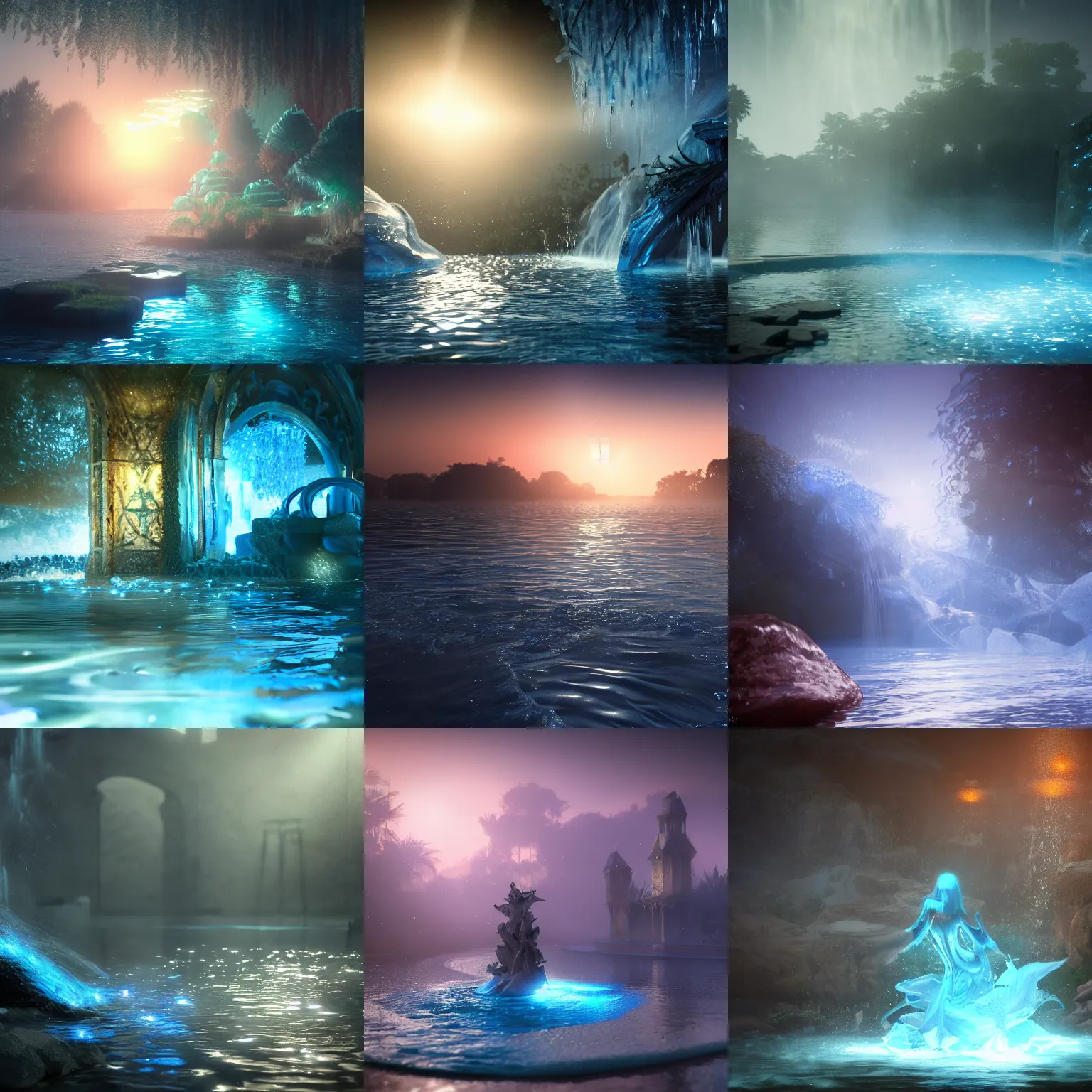 Prompt: closeup fantasy with water magic, at gentle dawn blue light, sketch, cinematic lighting, volumetric lighting, smooth, sharp focus, highly detailed, render in unreal engine 5, artstation, deviantart, behance, trending, epic composition, hd, octane, unreal engine, volumetric lighting, light rays, masterpiece, award - winning