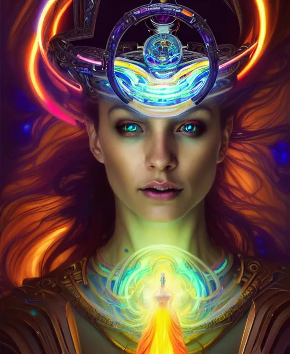 Image similar to a whirlwind of souls rushing inside the metaverse, half body, glowin eye, tiara with sapphire, pharaoh, android, cyborg, cyberpunk face, d & d, fantasy, intricate, elegant, highly detailed, colorful, vivid color, digital painting, artstation, concept art, art by artgerm and greg rutkowski and alphonse mucha and ruan jia