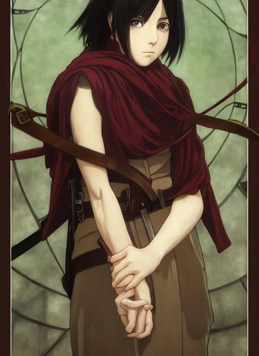 Image similar to portrait of mikasa ackerman aot, path traced, highly detailed, high quality, digital painting, by studio ghibli and alphonse mucha, leesha hannigan, hidari, art nouveau, chiho aoshima, posuka demizu