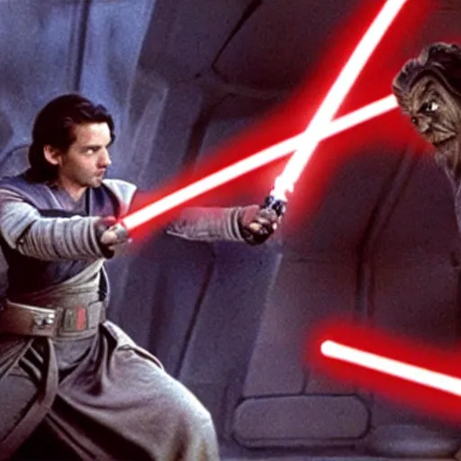 Prompt: a still from star wars : the phantom menace, showing albert einstein!!! as a jedi, having a lightsaber duel with darth maul