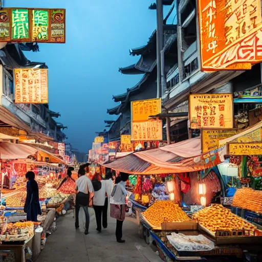 Image similar to an immaculate digital matte painting placid asian street market scene at dusk.