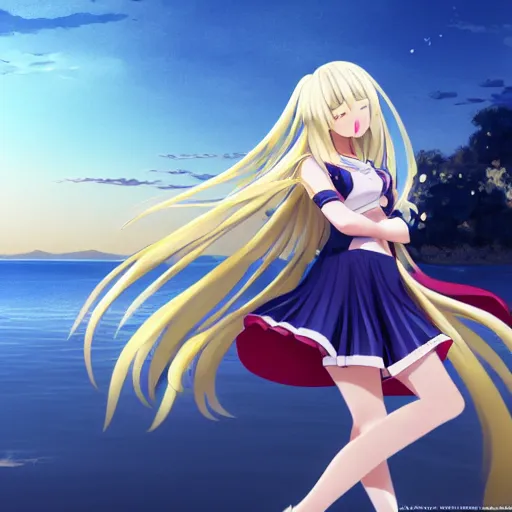 Prompt: a very beautiful anime cute girl, extremely long blond hair reaching the ground, full body, long wavy blond hair, sky blue eyes, full round face, short smile, fancy top, miniskirt, front view, summer lake setting, cinematic lightning, medium shot, mid-shot, highly detailed, trending on Artstation, Unreal Engine 4k, cinematic wallpaper by Stanley Artgerm Lau, WLOP, Rossdraws, James Jean, Andrei Riabovitchev, Marc Simonetti, and Sakimichan