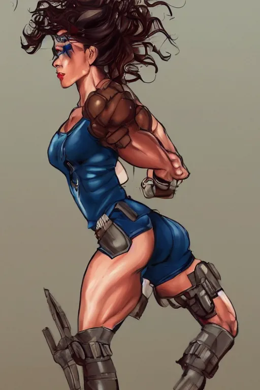 Image similar to a hyper muscular woman, bronze skinned, blue eyes, wearing a black cropped tank top, military pants, brown boots, wavy big red hair, 8 0's hairstyle, red lips, action pose, art by bluethebone, trending on artstation, illustration, action scene, full body